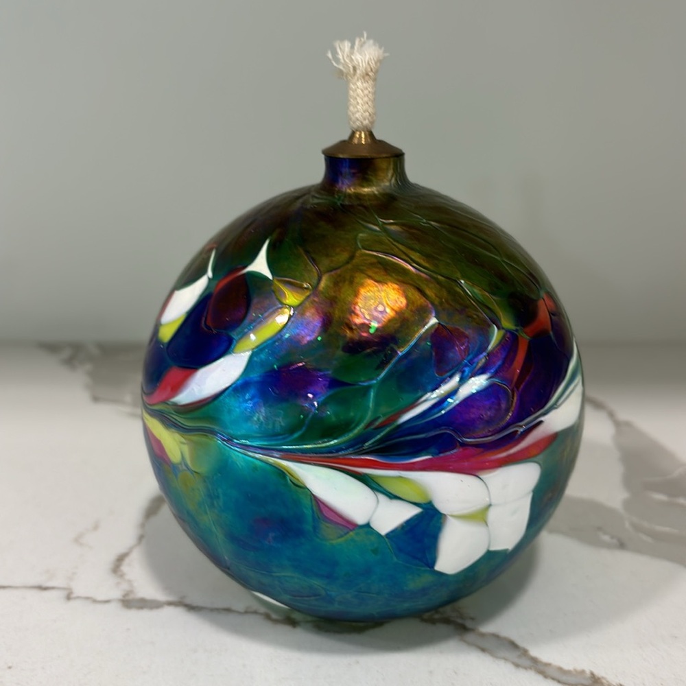 Handblown Iridescent Mosaic Art Glass Oil Lamp With Brass Top - Picture 3 of 14